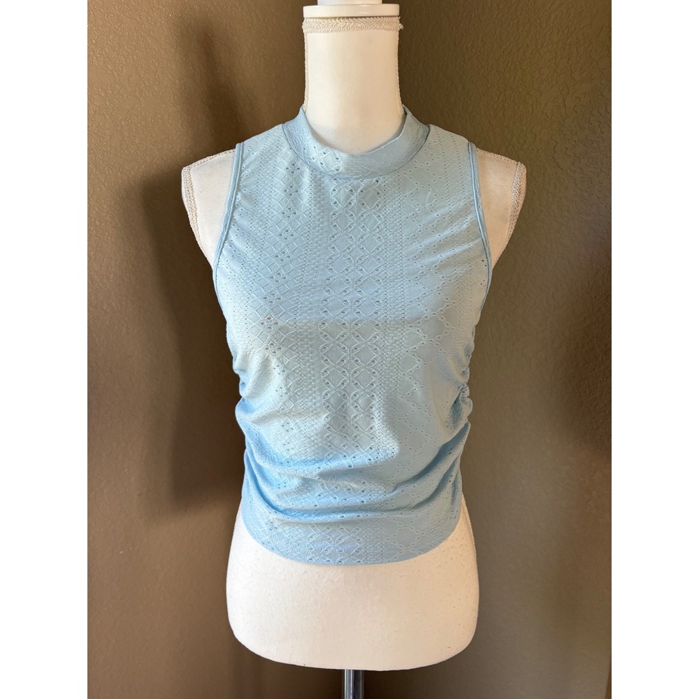 SHEIN Curve Womens 0XL Light Blue Eyelet Mock Neck Ruched Sleeveless Top Tank